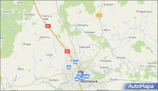 mapa Dąbrowa gmina Bartoszyce, Dąbrowa gmina Bartoszyce na mapie Targeo