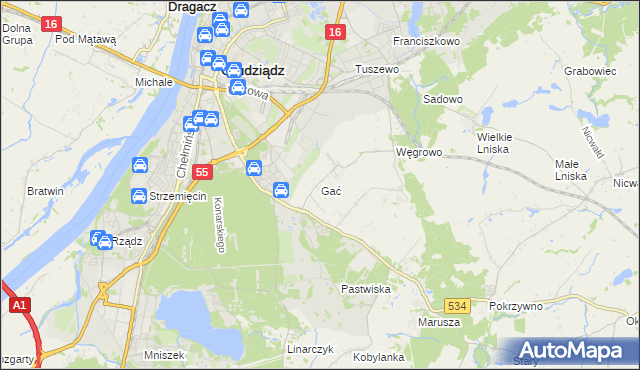 mapa Gać gmina Grudziądz, Gać gmina Grudziądz na mapie Targeo