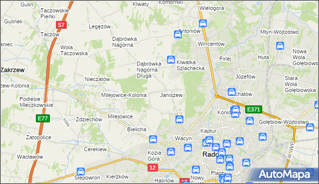 mapa Janiszew gmina Zakrzew, Janiszew gmina Zakrzew na mapie Targeo