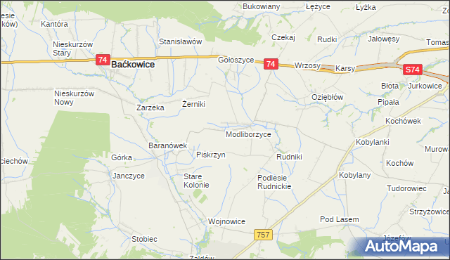 mapa Modliborzyce gmina Baćkowice, Modliborzyce gmina Baćkowice na mapie Targeo
