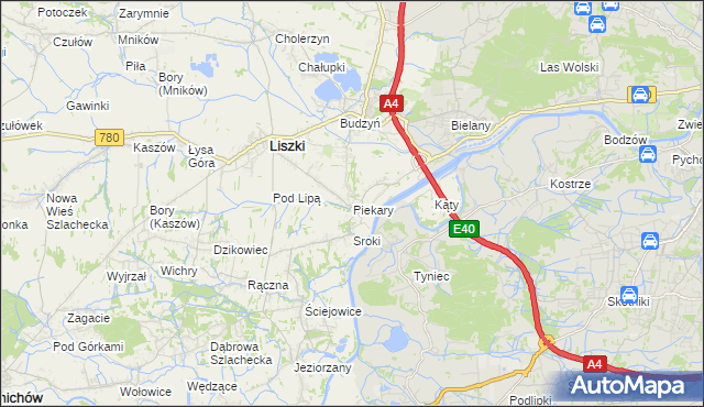 mapa Piekary gmina Liszki, Piekary gmina Liszki na mapie Targeo