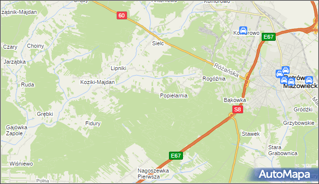 mapa Popielarnia gmina Ostrów Mazowiecka, Popielarnia gmina Ostrów Mazowiecka na mapie Targeo