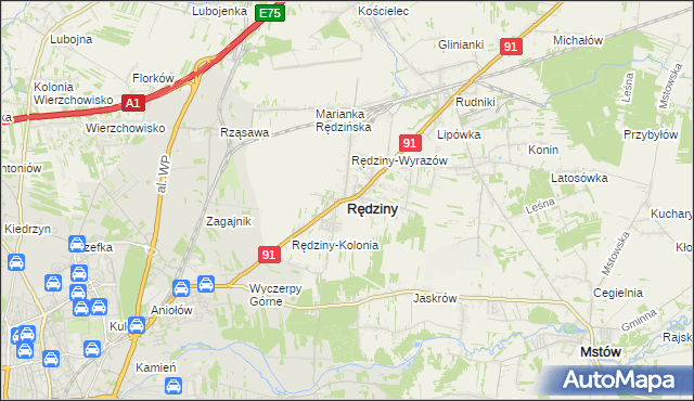 mapa Rędziny powiat częstochowski, Rędziny powiat częstochowski na mapie Targeo