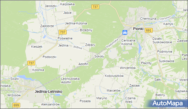mapa Sokoły gmina Pionki, Sokoły gmina Pionki na mapie Targeo