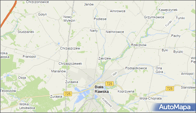 mapa Zakrzew gmina Biała Rawska, Zakrzew gmina Biała Rawska na mapie Targeo