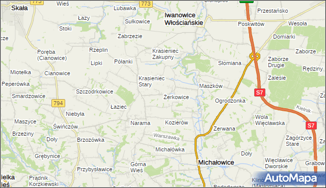 mapa Żerkowice gmina Iwanowice, Żerkowice gmina Iwanowice na mapie Targeo