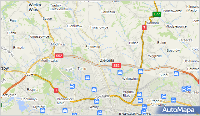 mapa Zielonki powiat krakowski, Zielonki powiat krakowski na mapie Targeo