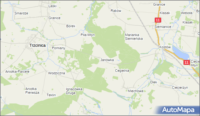 mapa Janówka gmina Byczyna, Janówka gmina Byczyna na mapie Targeo