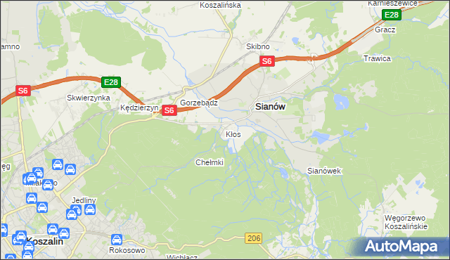 mapa Kłos gmina Sianów, Kłos gmina Sianów na mapie Targeo