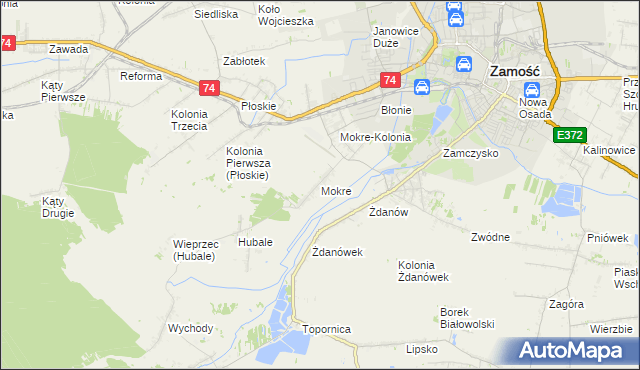 mapa Mokre gmina Zamość, Mokre gmina Zamość na mapie Targeo