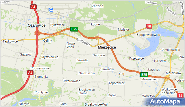 mapa Sadowie gmina Mierzęcice, Sadowie gmina Mierzęcice na mapie Targeo