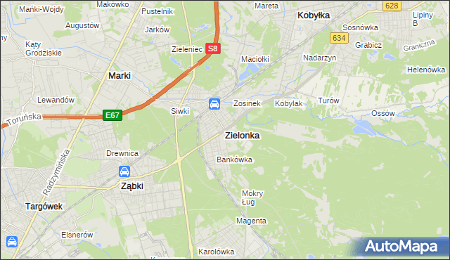 mapa Zielonka powiat wołomiński, Zielonka powiat wołomiński na mapie Targeo