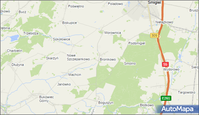 mapa Bronikowo gmina Śmigiel, Bronikowo gmina Śmigiel na mapie Targeo