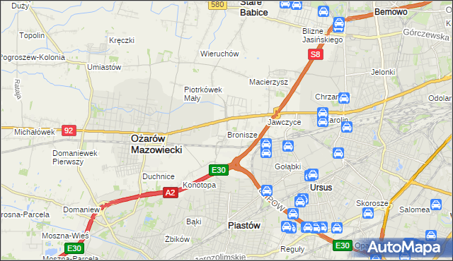 mapa Bronisze gmina Ożarów Mazowiecki, Bronisze gmina Ożarów Mazowiecki na mapie Targeo