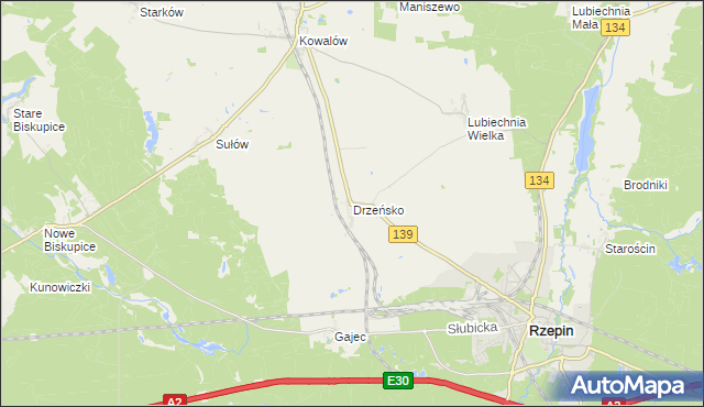 mapa Drzeńsko gmina Rzepin, Drzeńsko gmina Rzepin na mapie Targeo