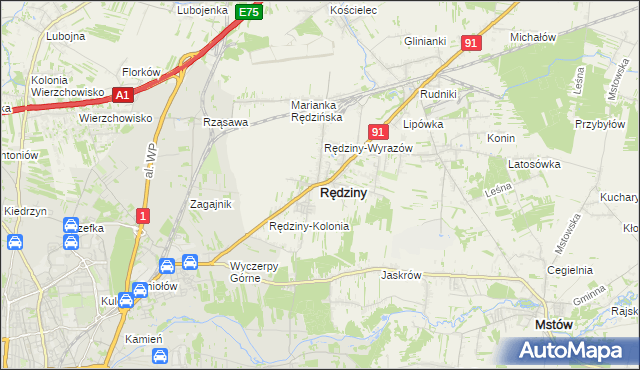 mapa Rędziny powiat częstochowski, Rędziny powiat częstochowski na mapie Targeo