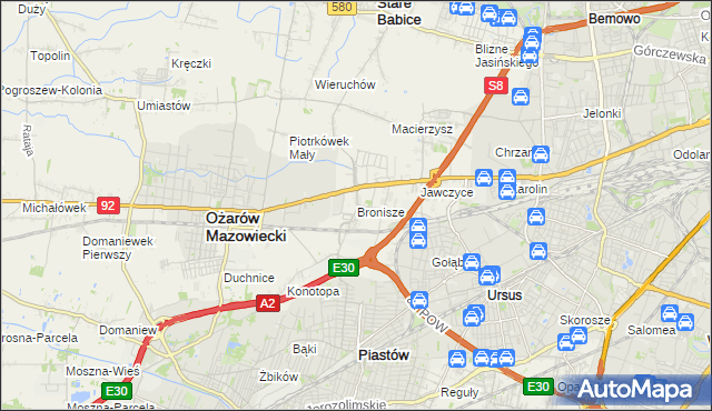 mapa Bronisze gmina Ożarów Mazowiecki, Bronisze gmina Ożarów Mazowiecki na mapie Targeo