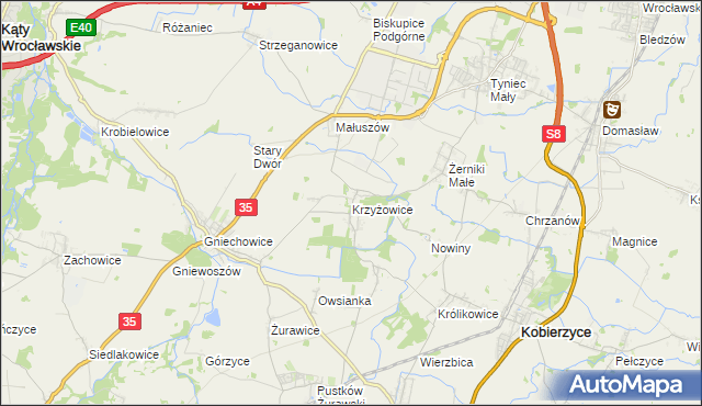 mapa Krzyżowice gmina Kobierzyce, Krzyżowice gmina Kobierzyce na mapie Targeo