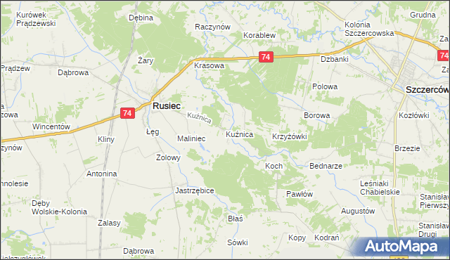 mapa Kuźnica gmina Rusiec, Kuźnica gmina Rusiec na mapie Targeo