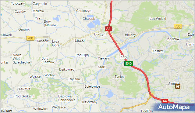 mapa Piekary gmina Liszki, Piekary gmina Liszki na mapie Targeo