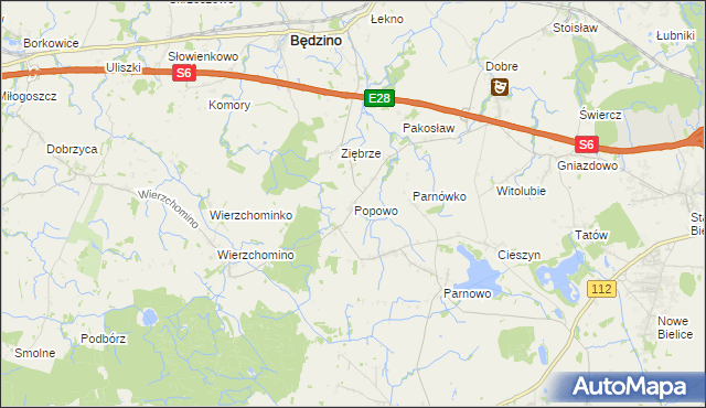 mapa Popowo gmina Będzino, Popowo gmina Będzino na mapie Targeo