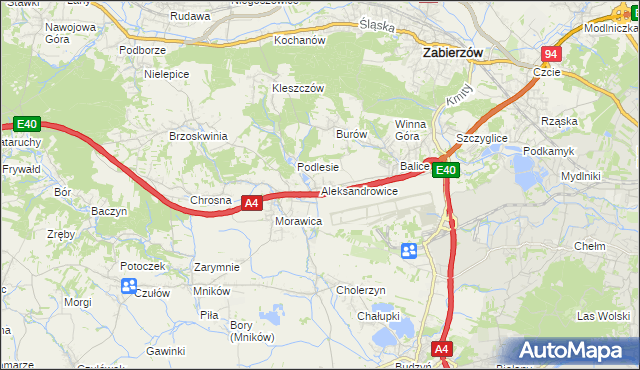 mapa Aleksandrowice gmina Zabierzów, Aleksandrowice gmina Zabierzów na mapie Targeo