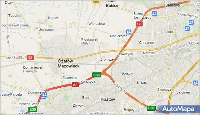 mapa Bronisze gmina Ożarów Mazowiecki, Bronisze gmina Ożarów Mazowiecki na mapie Targeo