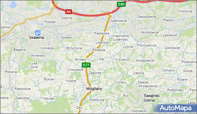 mapa Gaj gmina Mogilany, Gaj gmina Mogilany na mapie Targeo