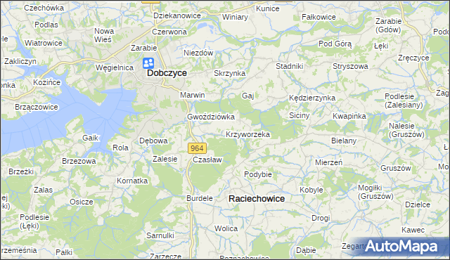 mapa Krzyworzeka gmina Raciechowice, Krzyworzeka gmina Raciechowice na mapie Targeo