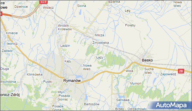mapa Łazy gmina Rymanów, Łazy gmina Rymanów na mapie Targeo