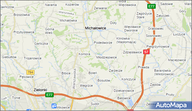 mapa Młodziejowice gmina Michałowice, Młodziejowice gmina Michałowice na mapie Targeo