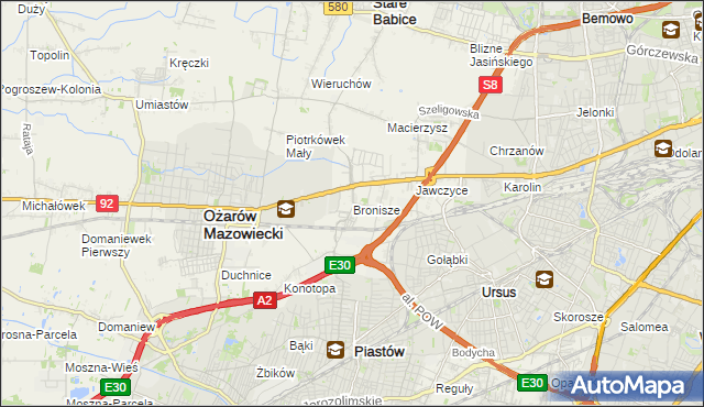 mapa Bronisze gmina Ożarów Mazowiecki, Bronisze gmina Ożarów Mazowiecki na mapie Targeo