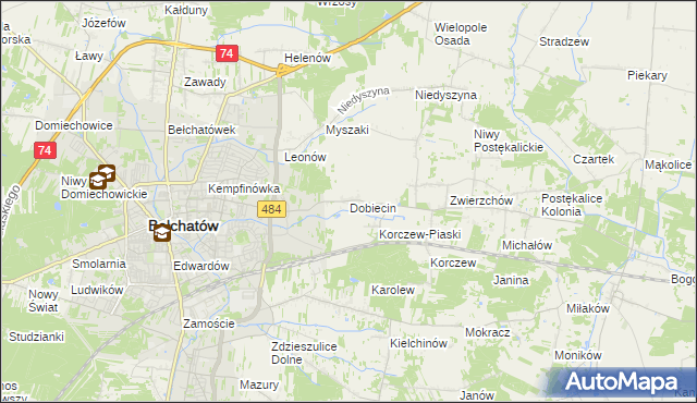mapa Dobiecin gmina Bełchatów, Dobiecin gmina Bełchatów na mapie Targeo