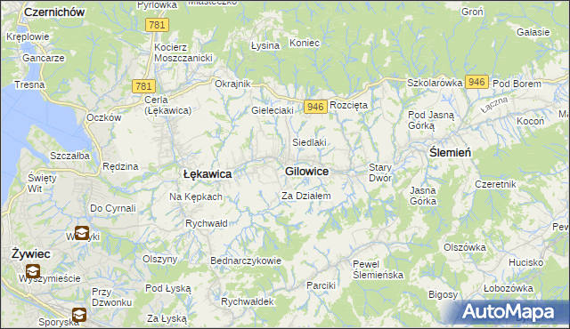mapa Gilowice powiat żywiecki, Gilowice powiat żywiecki na mapie Targeo