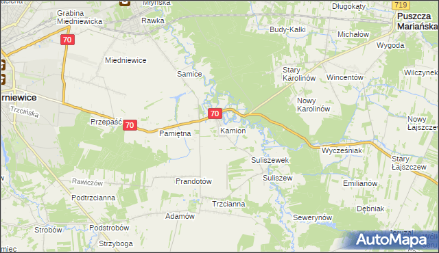 mapa Kamion gmina Puszcza Mariańska, Kamion gmina Puszcza Mariańska na mapie Targeo