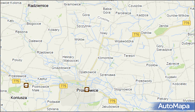 mapa Klimontów gmina Proszowice, Klimontów gmina Proszowice na mapie Targeo