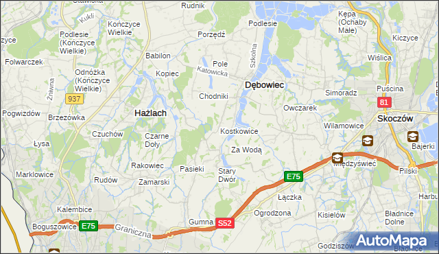 mapa Kostkowice gmina Dębowiec, Kostkowice gmina Dębowiec na mapie Targeo