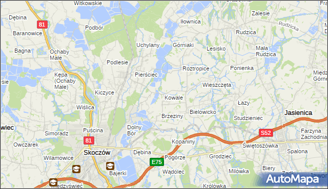 mapa Kowale gmina Skoczów, Kowale gmina Skoczów na mapie Targeo