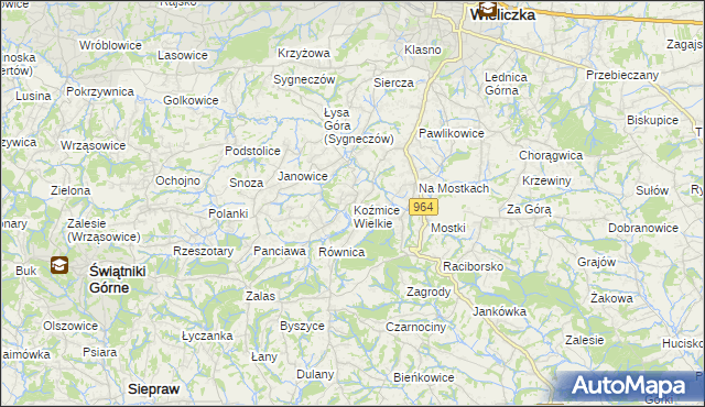 mapa Koźmice Wielkie, Koźmice Wielkie na mapie Targeo