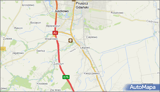 mapa Łęgowo gmina Pruszcz Gdański, Łęgowo gmina Pruszcz Gdański na mapie Targeo