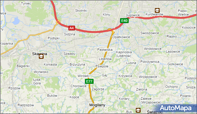 mapa Libertów gmina Mogilany, Libertów gmina Mogilany na mapie Targeo