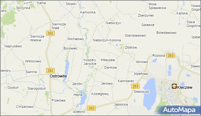 mapa Miłaczew gmina Kleczew, Miłaczew gmina Kleczew na mapie Targeo