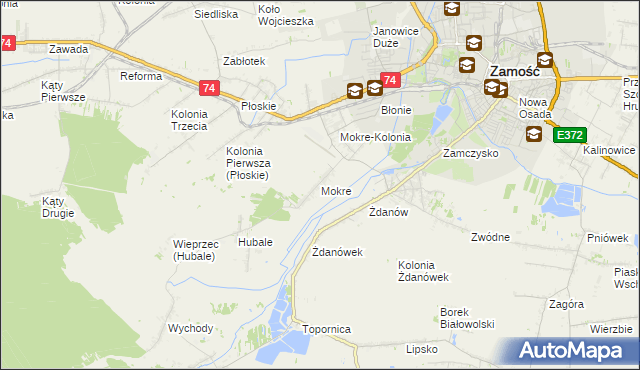 mapa Mokre gmina Zamość, Mokre gmina Zamość na mapie Targeo