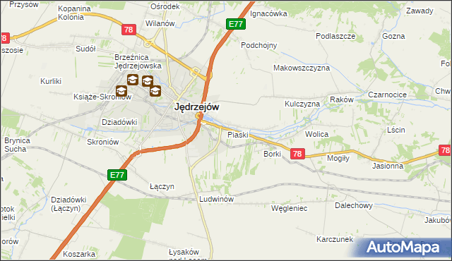 mapa Piaski gmina Jędrzejów, Piaski gmina Jędrzejów na mapie Targeo