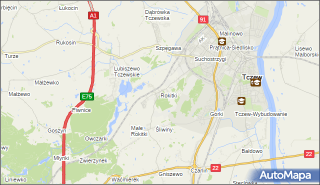 mapa Rokitki gmina Tczew, Rokitki gmina Tczew na mapie Targeo