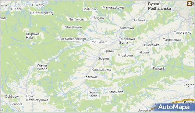 mapa Sidzina gmina Bystra-Sidzina, Sidzina gmina Bystra-Sidzina na mapie Targeo