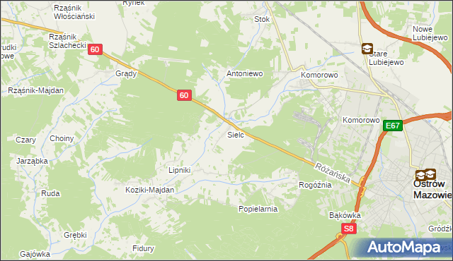 mapa Sielc gmina Ostrów Mazowiecka, Sielc gmina Ostrów Mazowiecka na mapie Targeo