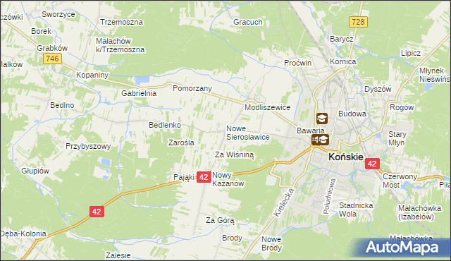 mapa Sierosławice gmina Końskie, Sierosławice gmina Końskie na mapie Targeo