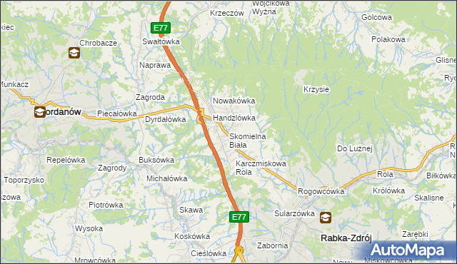 mapa Skomielna Biała, Skomielna Biała na mapie Targeo