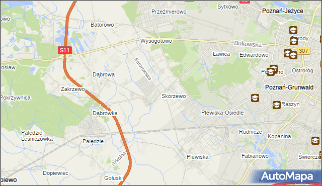 mapa Skórzewo gmina Dopiewo, Skórzewo gmina Dopiewo na mapie Targeo